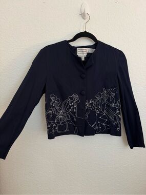 Vintage embroidered cropped navy blazer